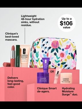 Clinique Floral Cosmetic Bag with Skincare & Makeup